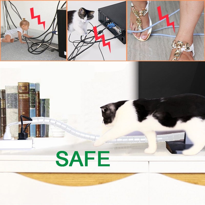 VIWIEU White Cable Wire Cover Cord Management Sleeve Electrical Wire Organizer Holder, VIWIEU Reusable & Expandable Desktop Spiral Tube Wire Hider with Cable Clips for TV Computer Home Entertainment - Image 4